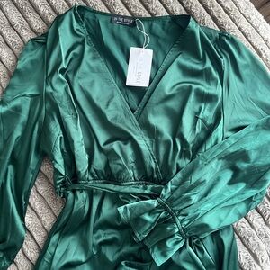 Satin Emerald Green Wrap MidiDress